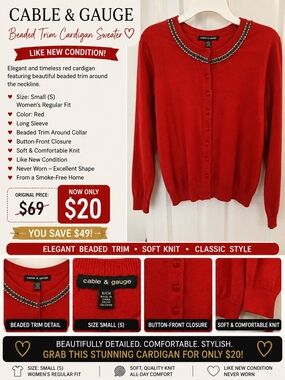 Cable & Gauge Red Beaded-Trim Button-Front Cardigan